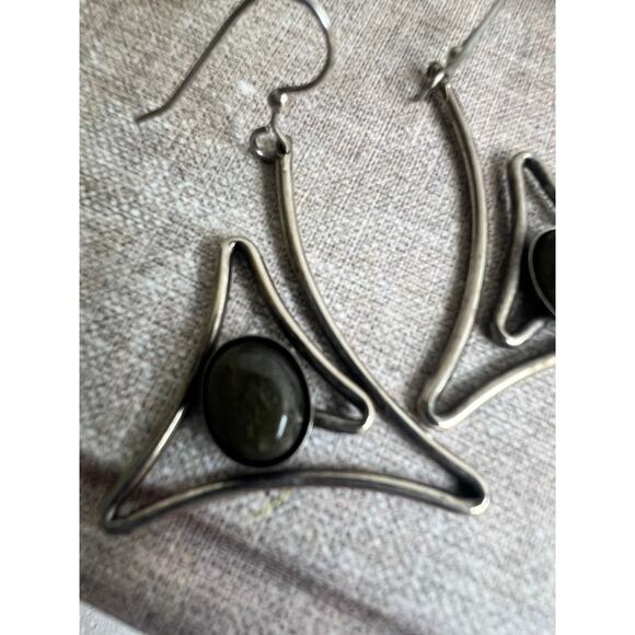 Silver Triangle Dangle Earrings Faux Black Onyx Stone | Geometric Boho Jewelry - Picture 5 of 5